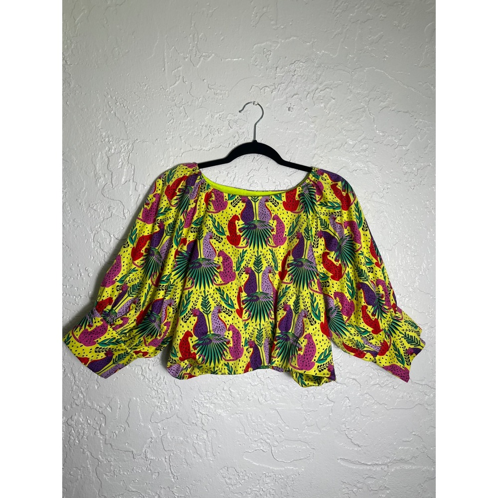 Emily McCarthy Celeste Crop Top Palm Avenue Leopard Print Yellow Puff Sleeve S